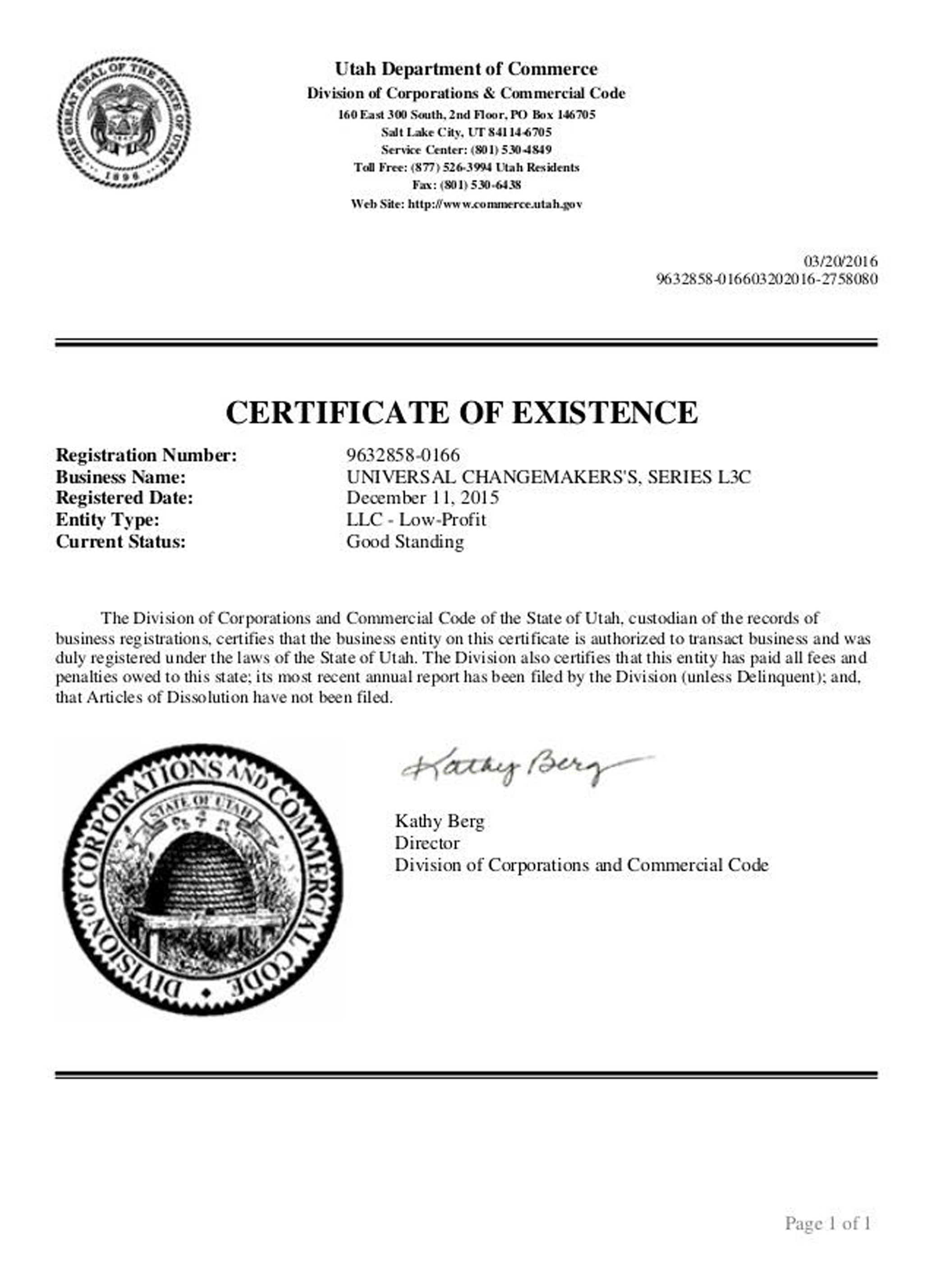 USA Utah certificate of good standing